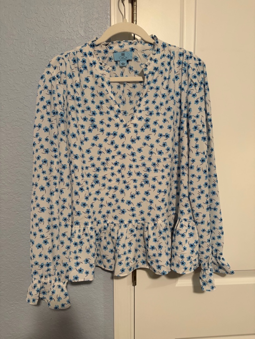CeCe White Blouse with Blue Floral Print and Peplum Hem